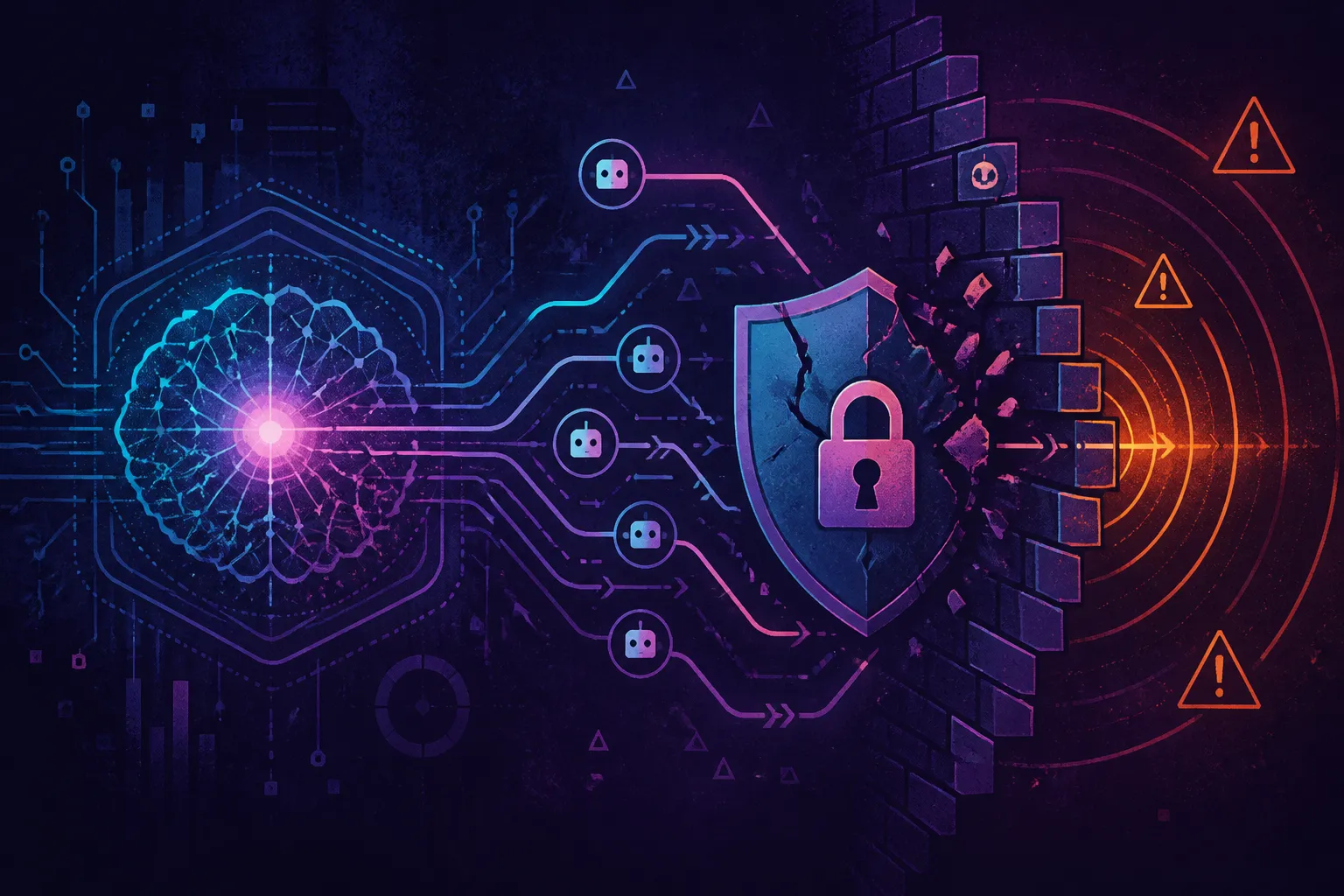 OpenAI training pause: cyan-magenta neural core, cracked digital shield, indigo cyber background with amber warning rings