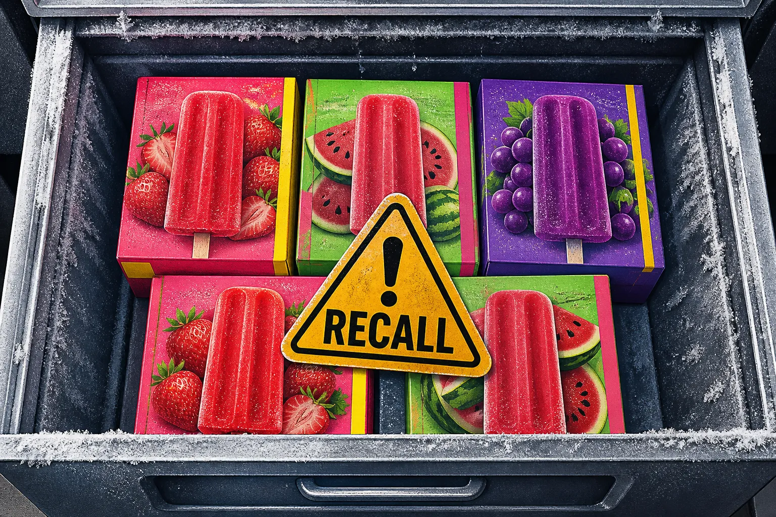 Outshine fruit bars recall: freezer drawer, colorful bar boxes, amber recall warning sticker, frost and pink-yellow accents