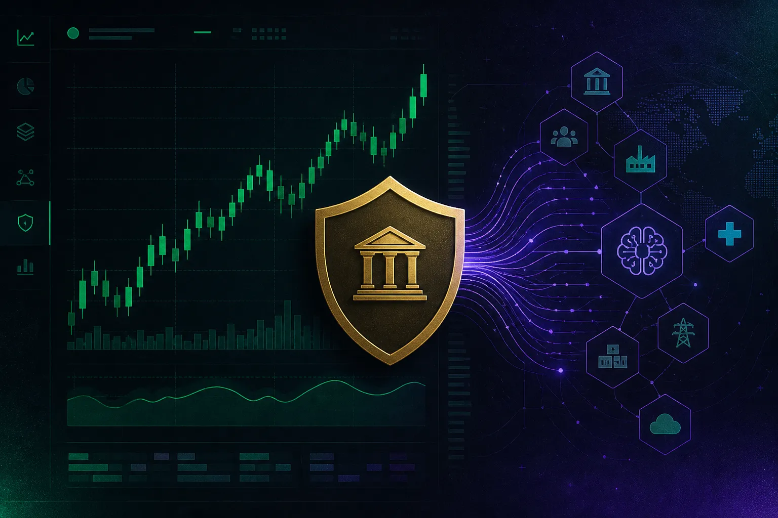 Palantir stock: emerald candlestick chart on charcoal terminal, golden sovereign shield, violet AI network nodes