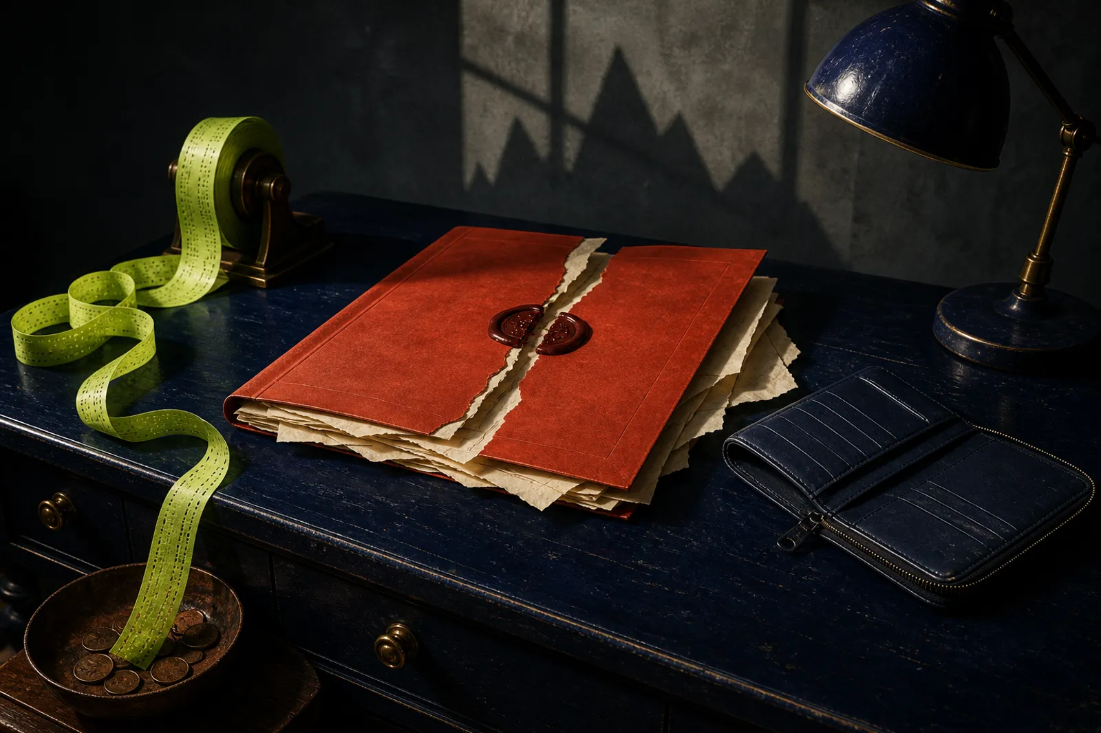 PayPal stock: torn terracotta bid folder with split wax seal on an indigo desk, lime ticker tape spilling into a copper coin dish beside a navy empty wallet