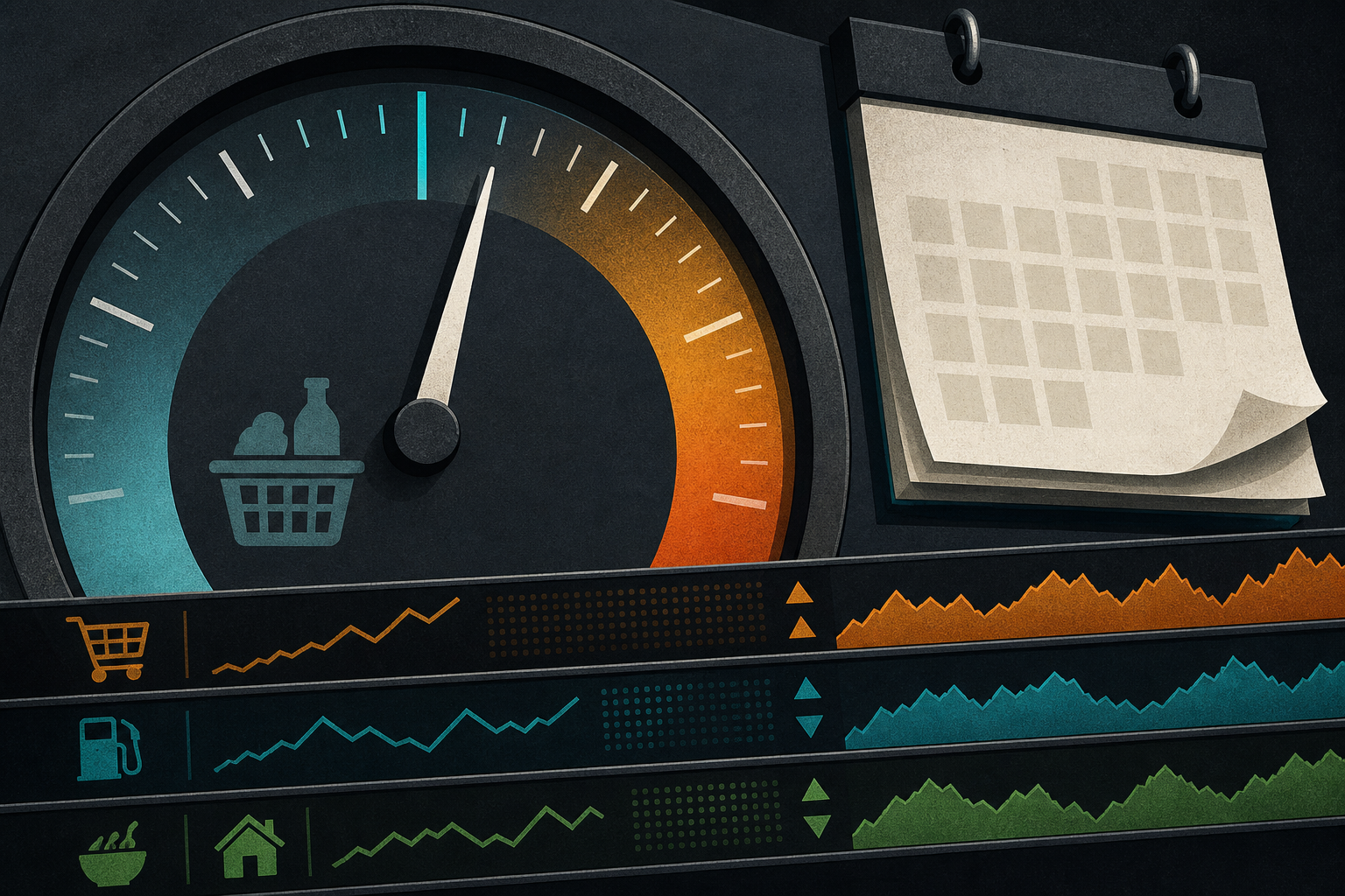 PCE inflation August 2026: consumption gauge dial and price ticker strips on charcoal macro dashboard with amber 2% baseline zone