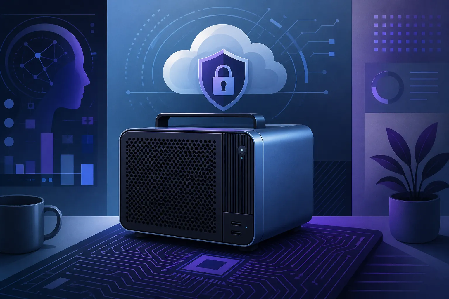 Perplexity Portable Computer: steel-blue desk AI box with violet local-lock shield over GPU geometry