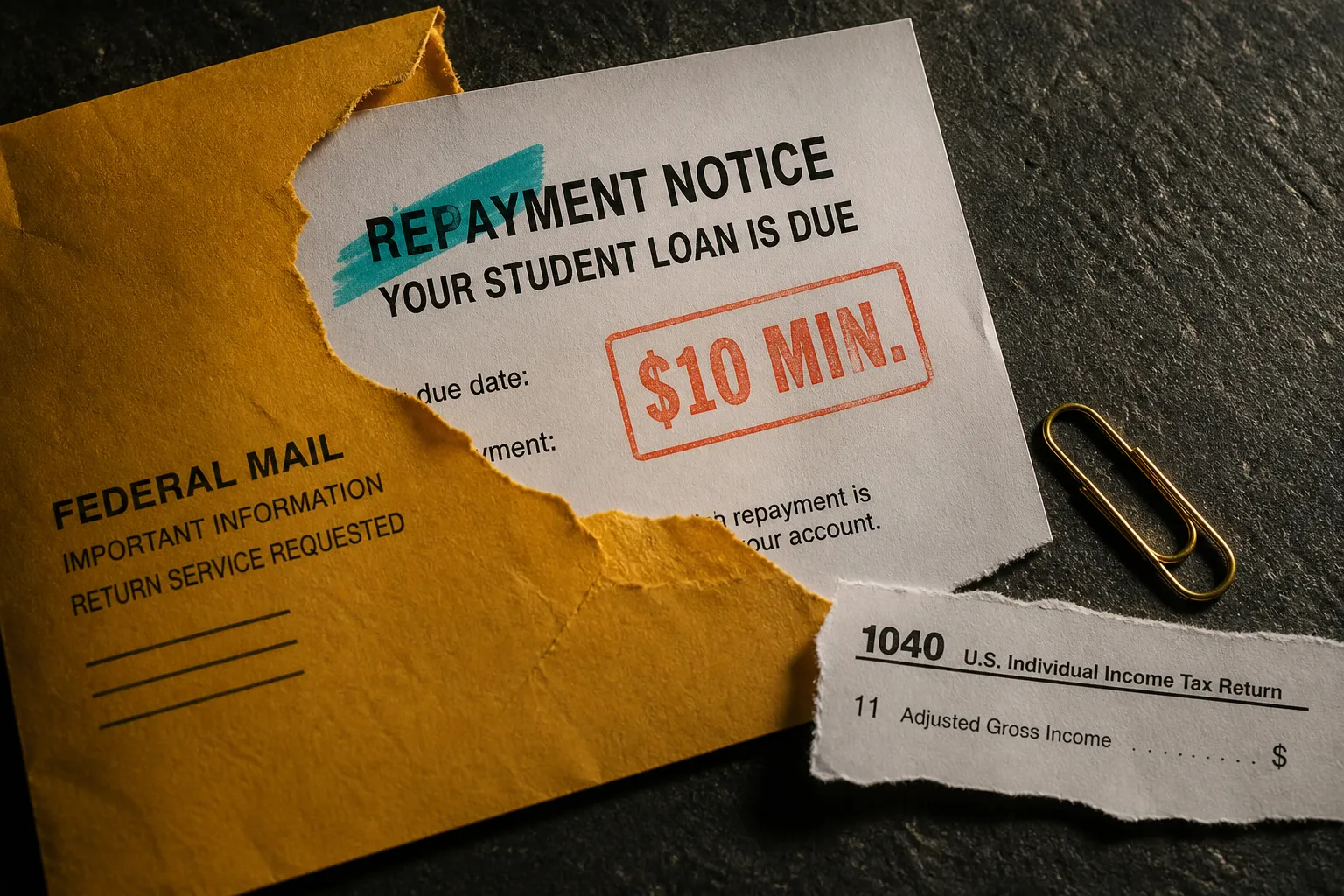 RAP student loans: mustard envelope and teal-highlighted repayment notice on charcoal slate