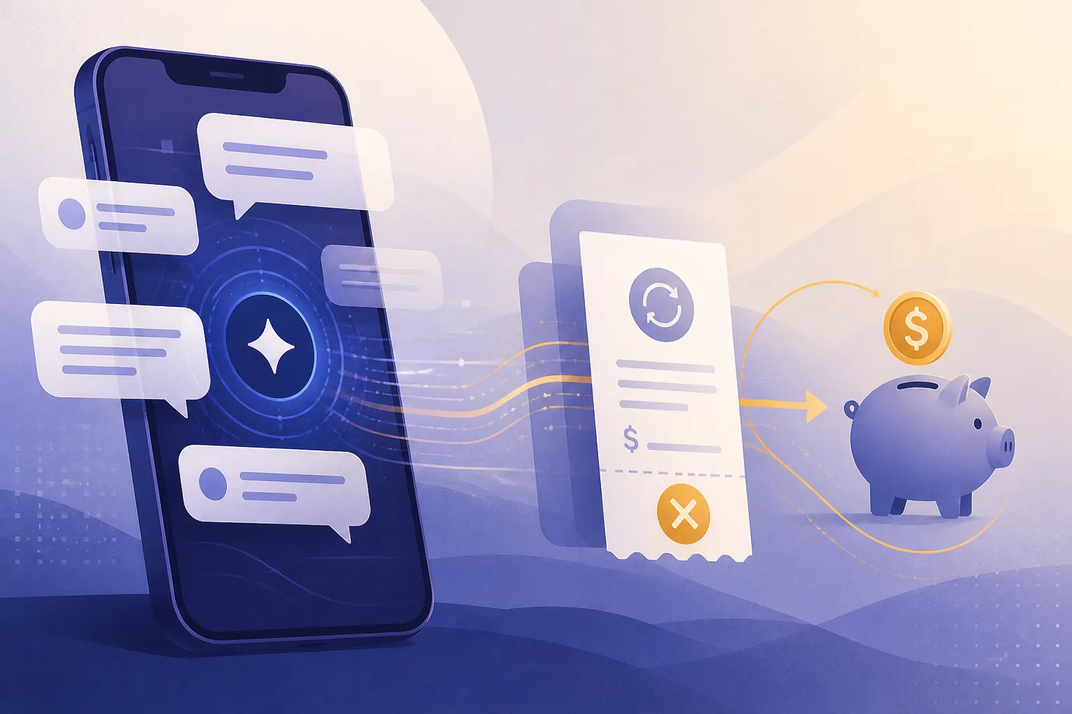 Rocket Money Rowan: indigo phone with SMS bubbles becoming receipt cancel and savings transfer arrows