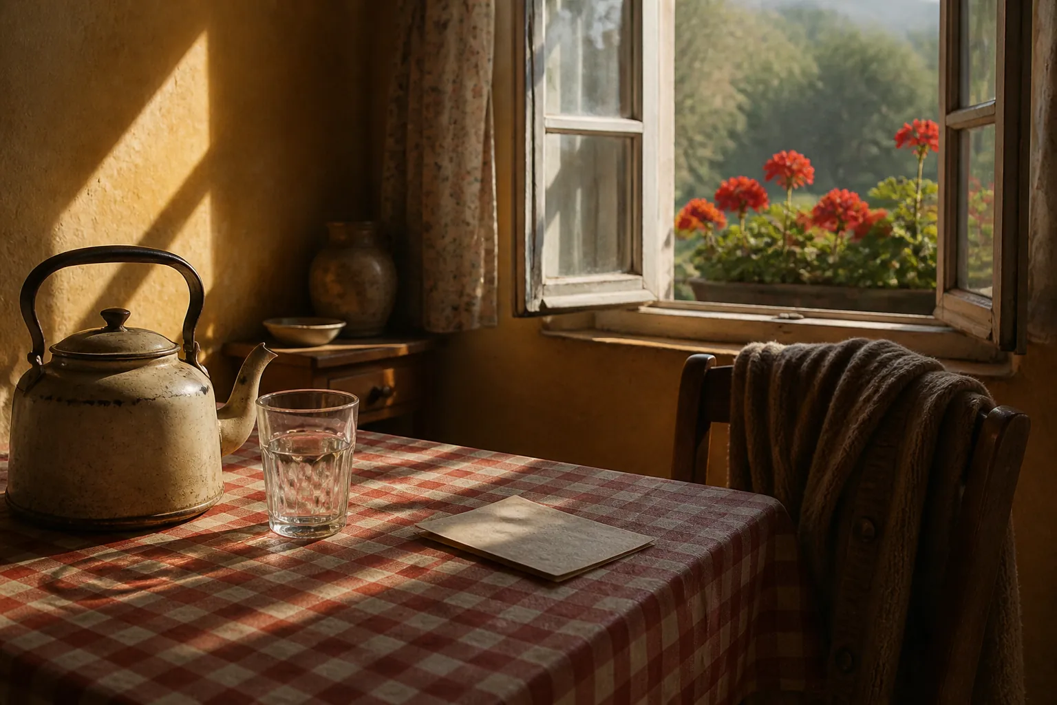 RSV vaccine: late-summer ochre kitchen, geraniums in the window, unmarked appointment card on the table Image title: RSV vaccine