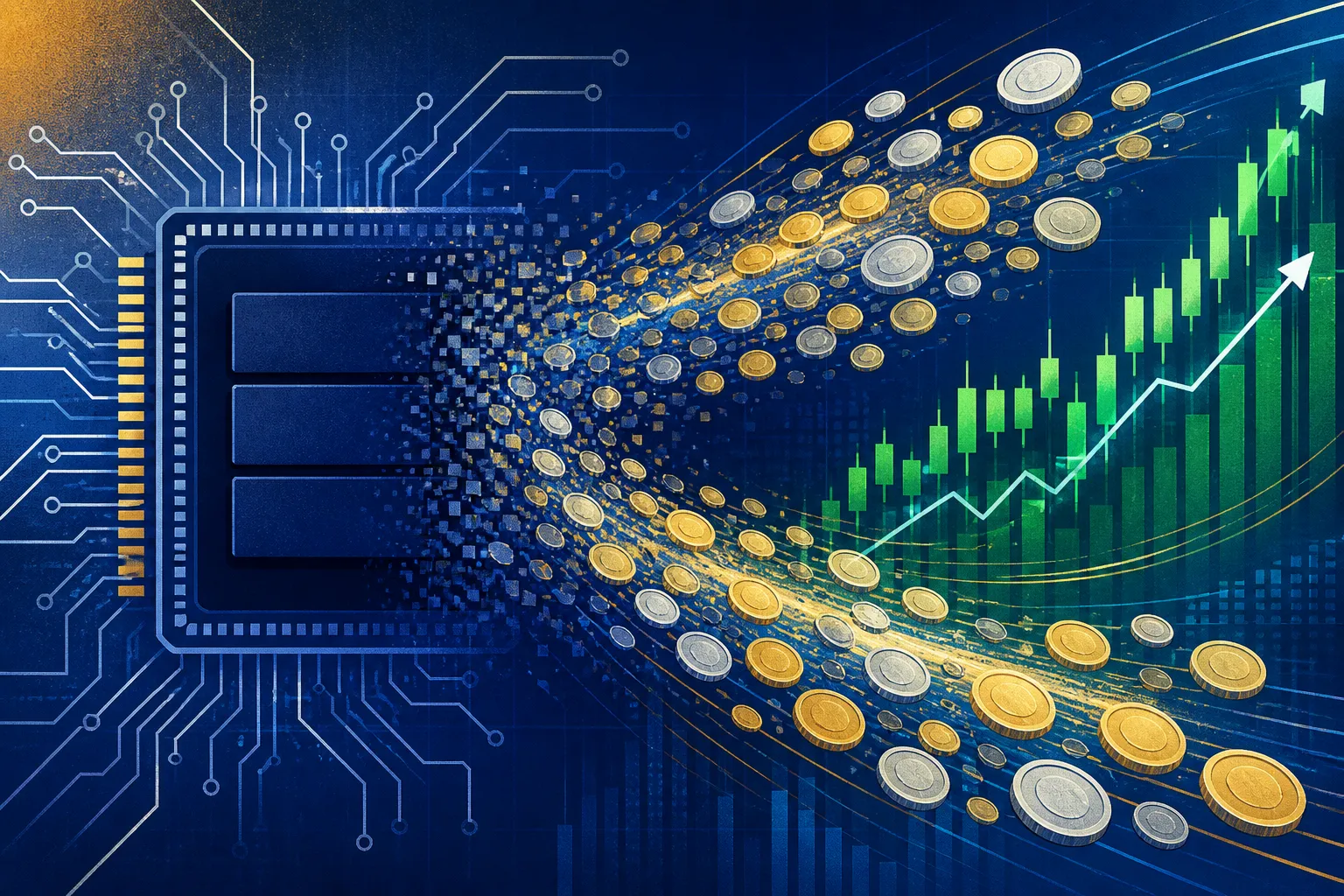 Samsung stock: navy memory chip dissolving into gold coin streams and green rising chart bars