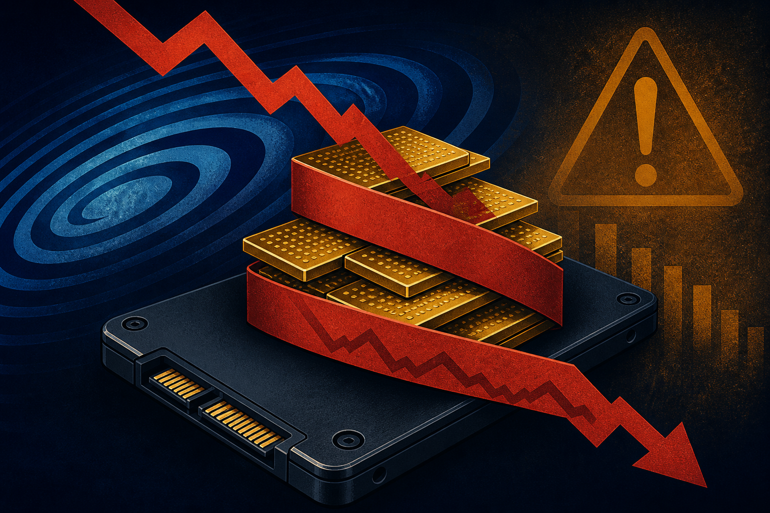 Sandisk stock SNDK August 2026: enterprise SSD with red descending price tape on navy background