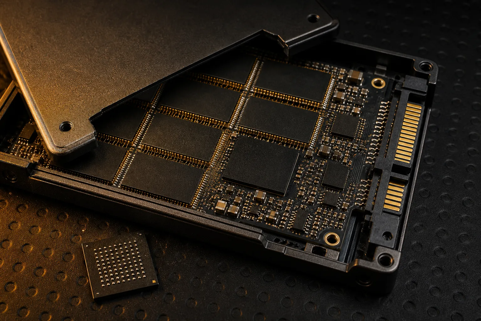 SNDK Sandisk: open SSD with gold-wirebonded NAND packages under amber industrial light