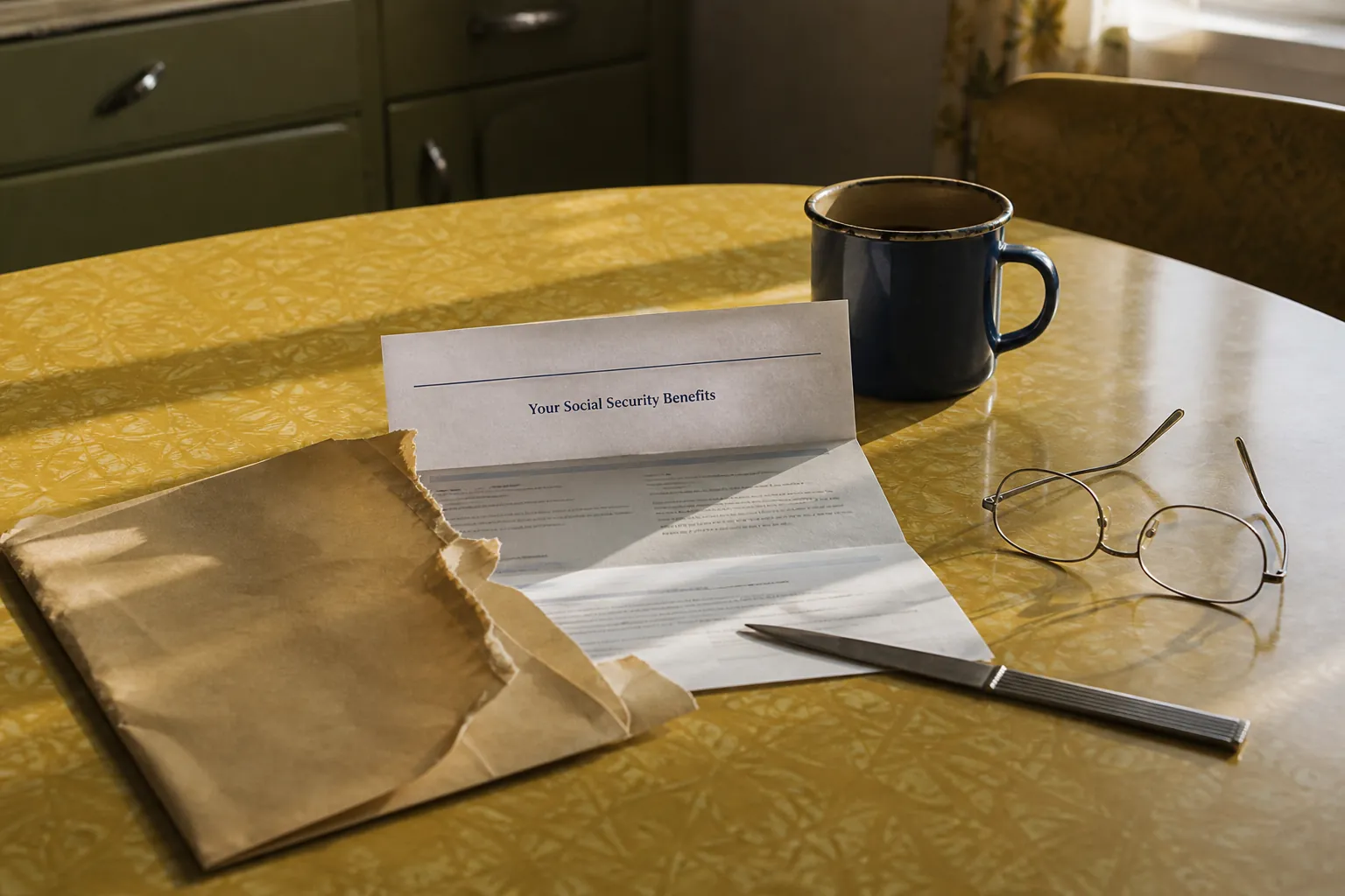 Social Security COLA 2027: torn manila envelope and a benefits notice on a mustard Formica table