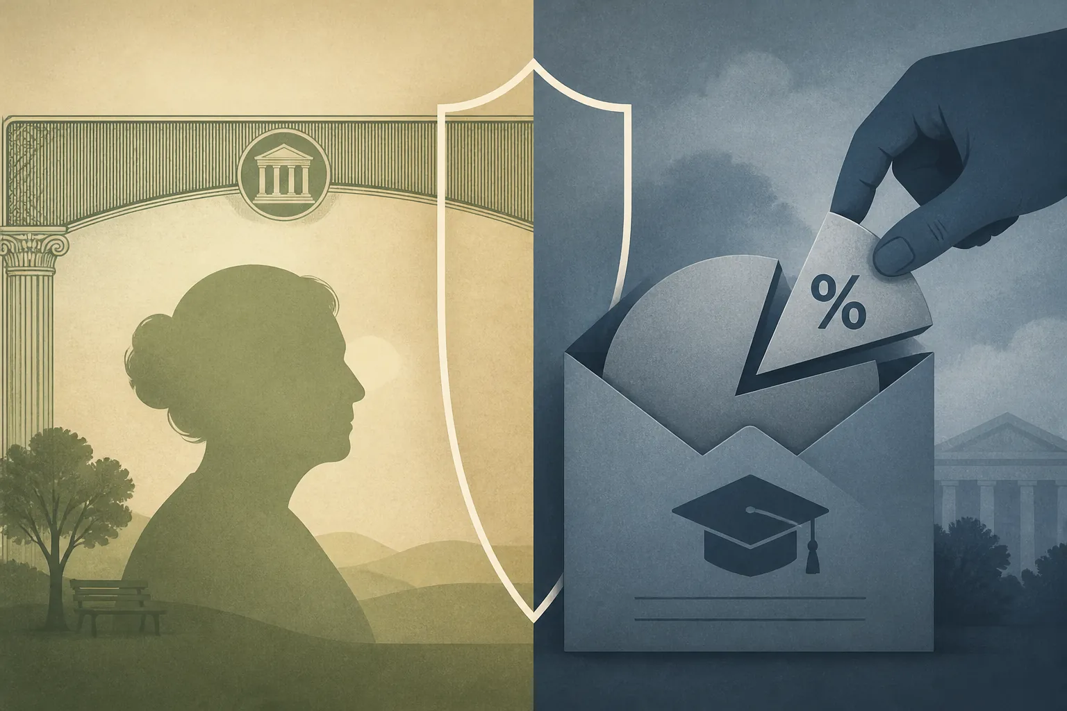 Social Security garnishment: parchment check and steel student-loan envelope with a protective shield line
