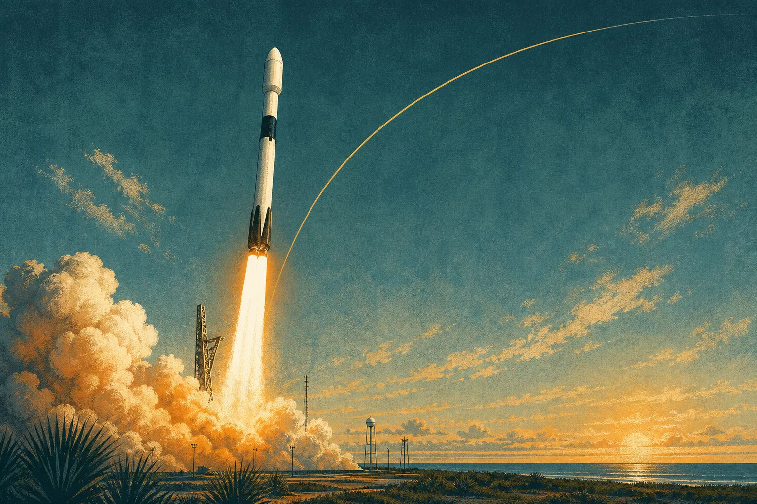 SpaceX launch: stylized Falcon 9 liftoff, orange plume, teal dawn sky, gold northeast arc