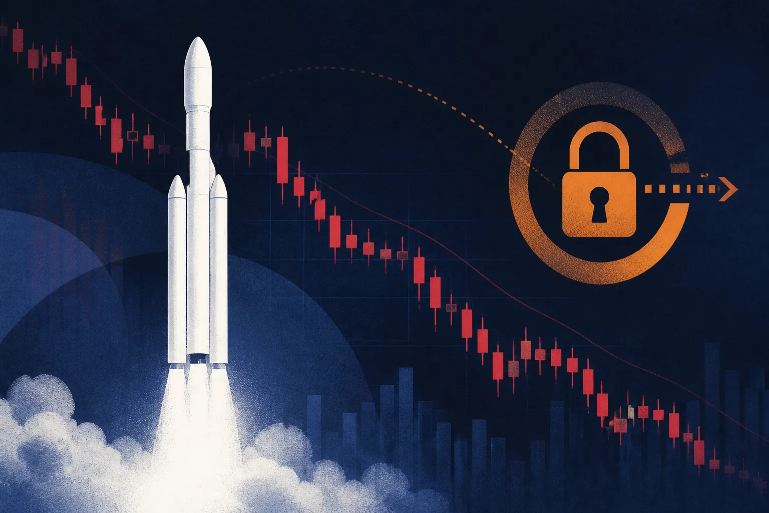 SpaceX stock: white rocket silhouette over indigo sky with red declining candlesticks and orange lock motif
