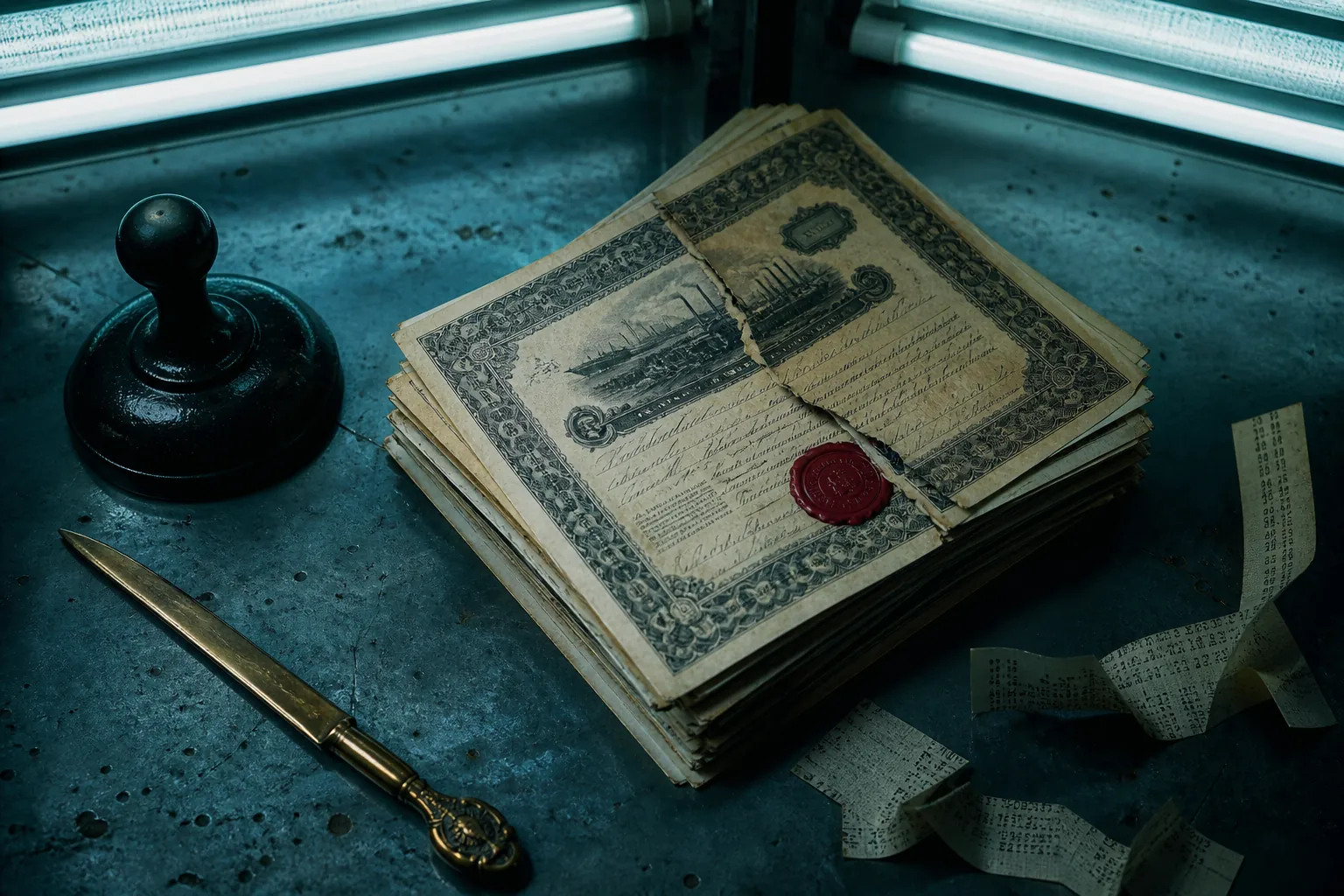 Stock buybacks: vintage engraved share certificates on a teal industrial table under fluorescent light