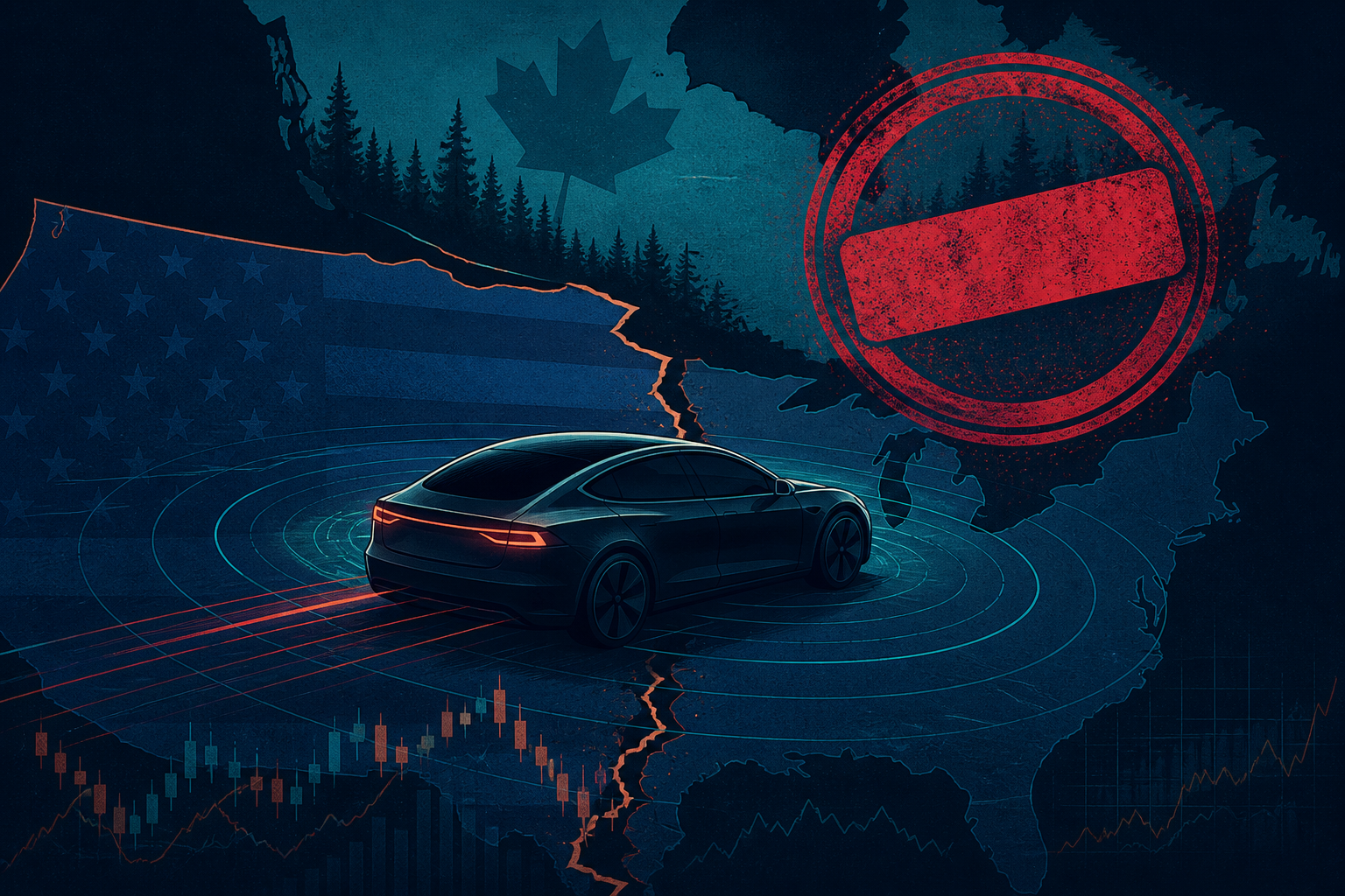 Tesla stock August 2026: electric sedan silhouette on fractured US-Canada border with crimson tariff stamp and robotaxi sensor ring