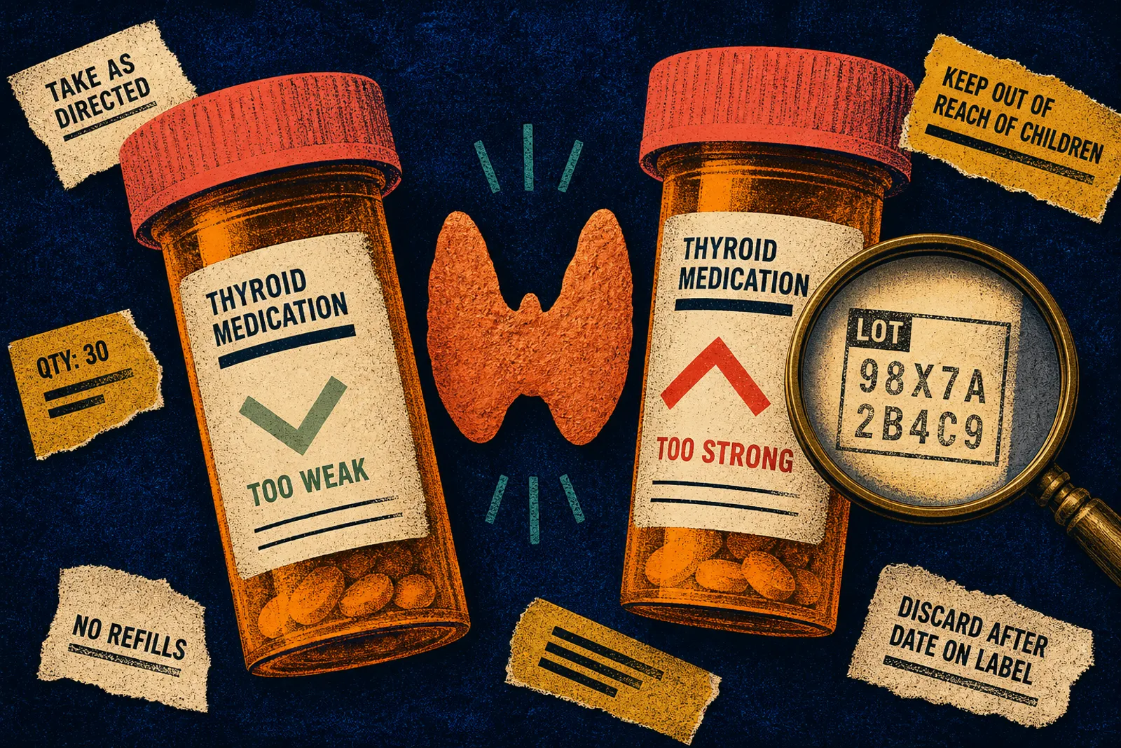 Thyroid medication recall: indigo graphic of amber bottles, copper thyroid butterfly, and a magnifying glass on a lot stamp