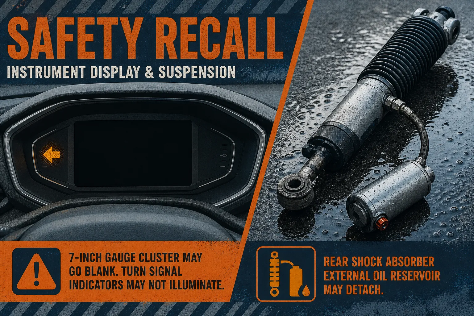 Toyota recall: blank dashboard gauge beside detached truck shock oil reservoir, steel blue and safety orange