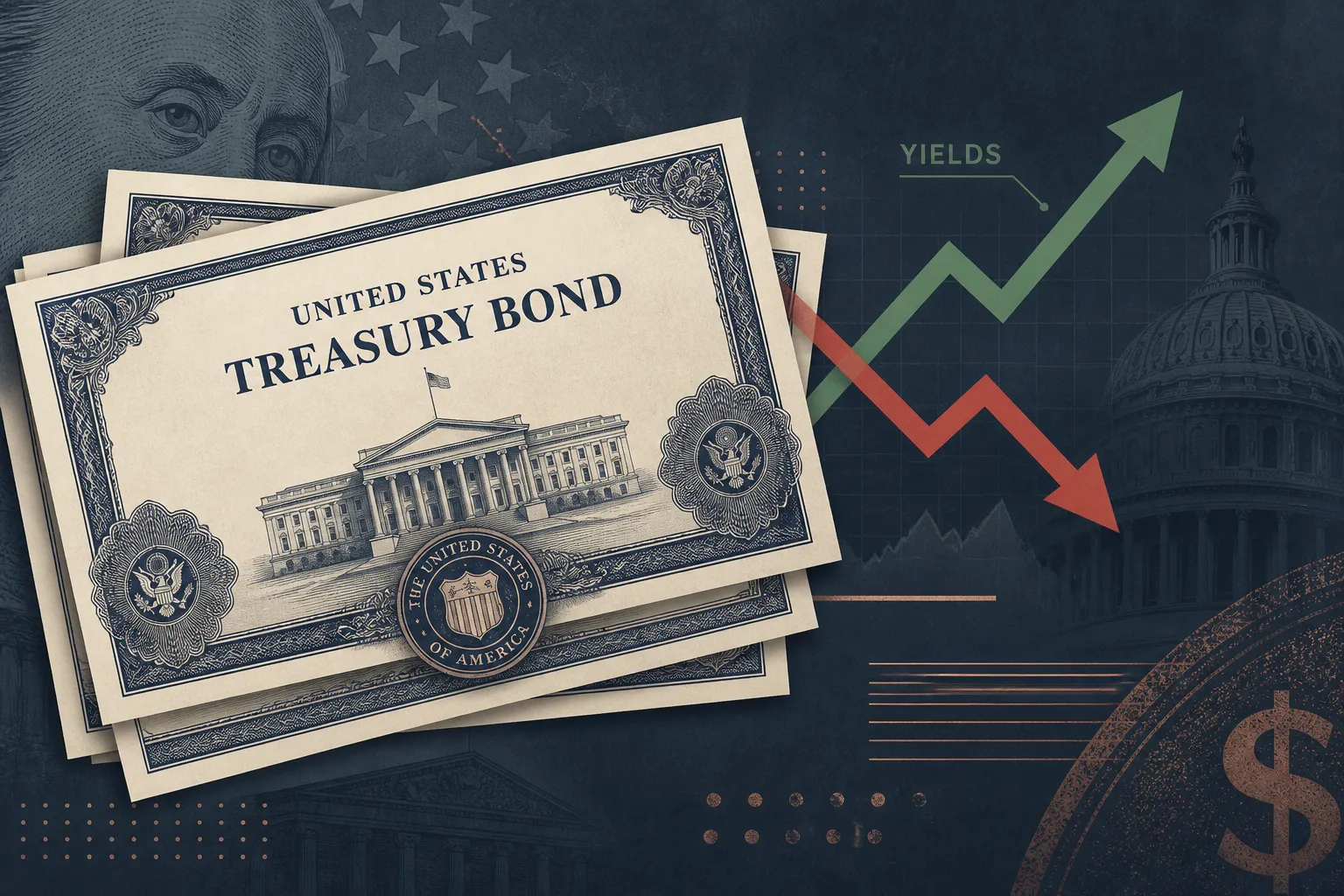 Treasury buyback: cream-navy bond certificates, green-red yield arrows on slate dashboard