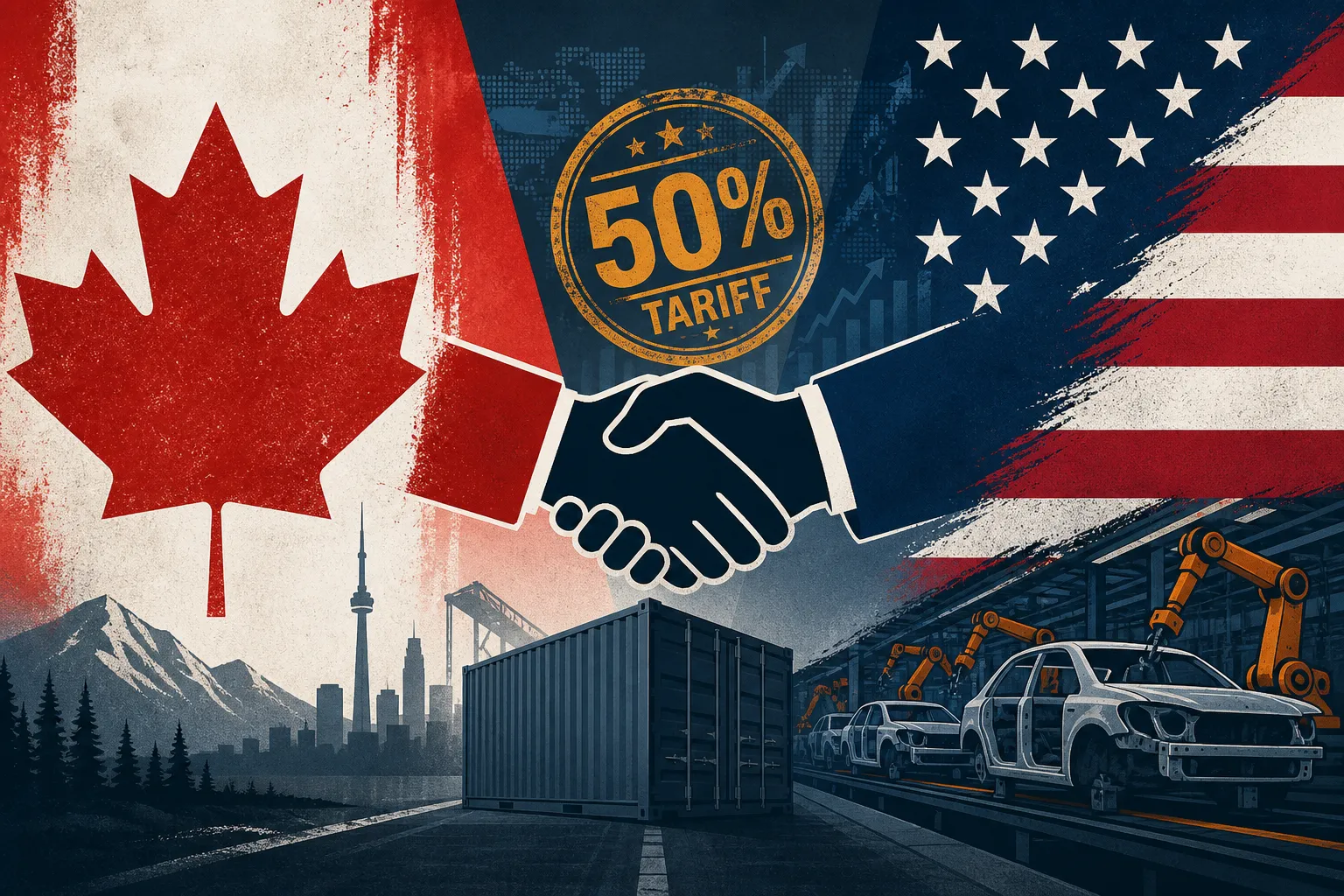 Canada tariffs pause: US-Canada trade handshake over cargo containers and auto assembly line, maple red and navy palette