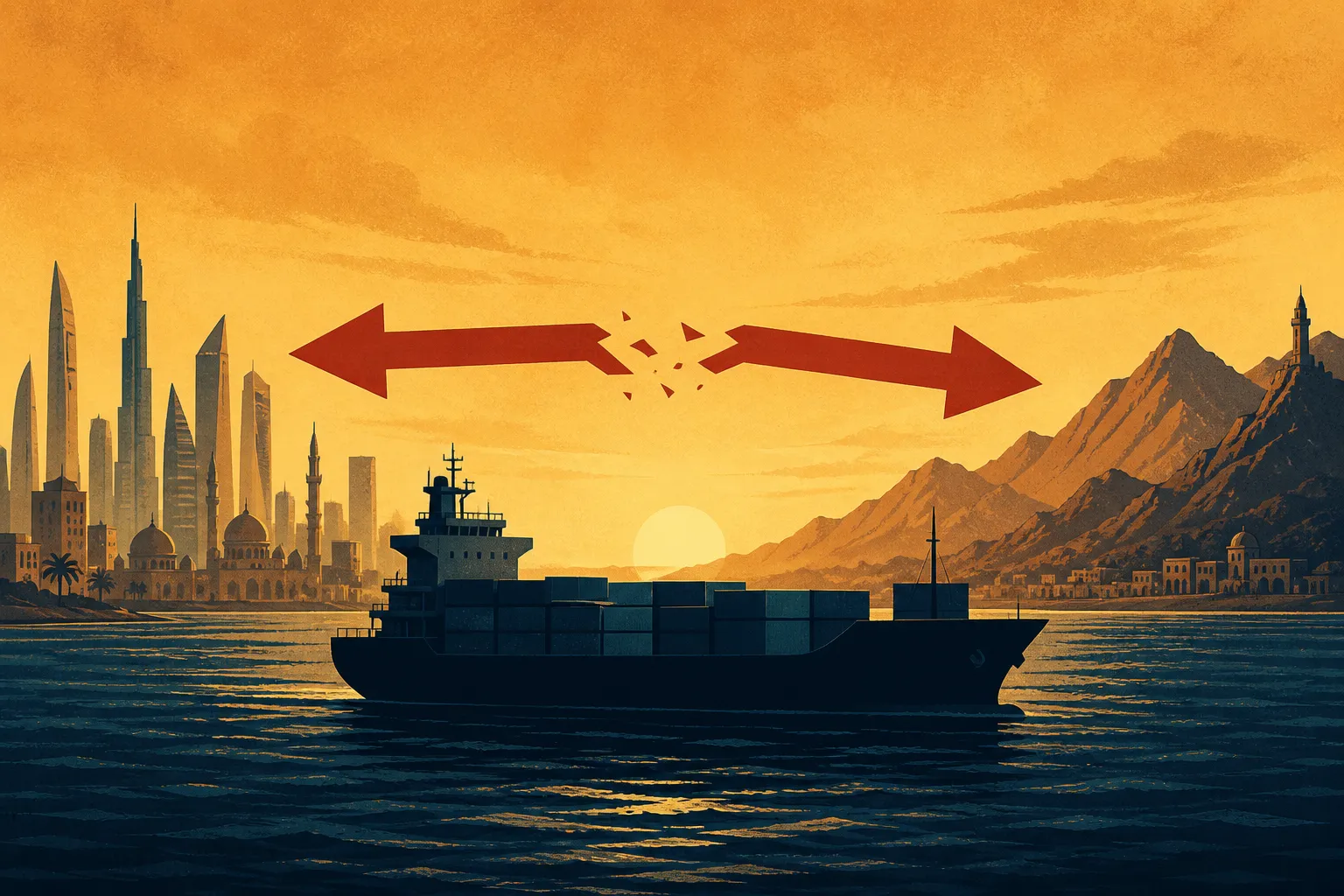 UAE Iran trade embargo: cargo ship on gold-navy Persian Gulf waters, broken crimson trade arrow between shorelines