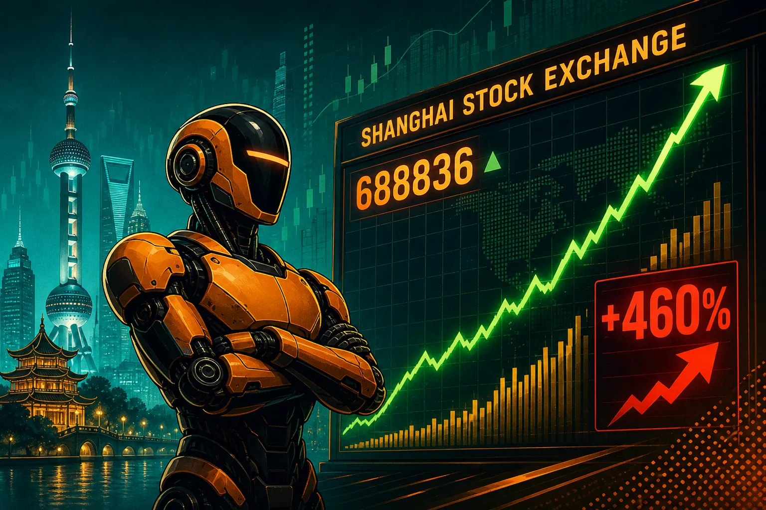 Unitree IPO: orange-black humanoid robot beside teal-gold Shanghai stock ticker with steep green chart line