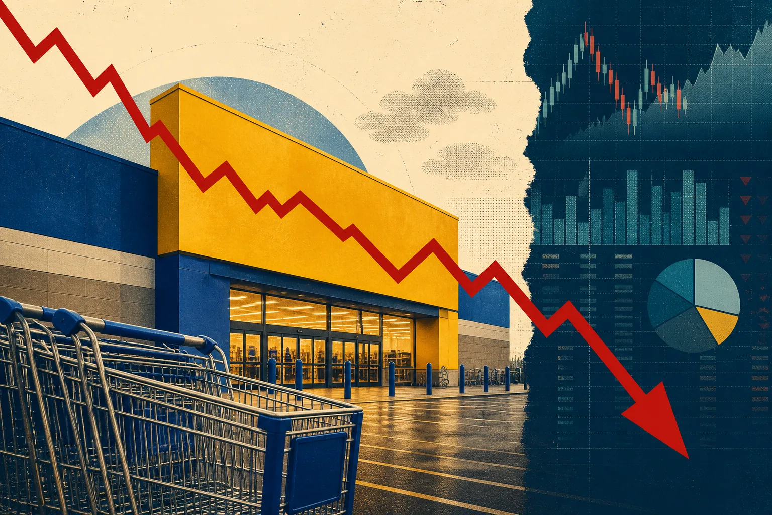 Walmart stock: yellow-blue store silhouette, red falling chart arrow, cream-slate retail finance background
