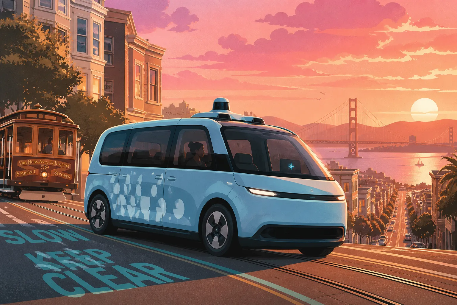 Waymo Ojai robotaxi: baby-blue autonomous van on teal-marked road, coral-gold San Francisco hills skyline
