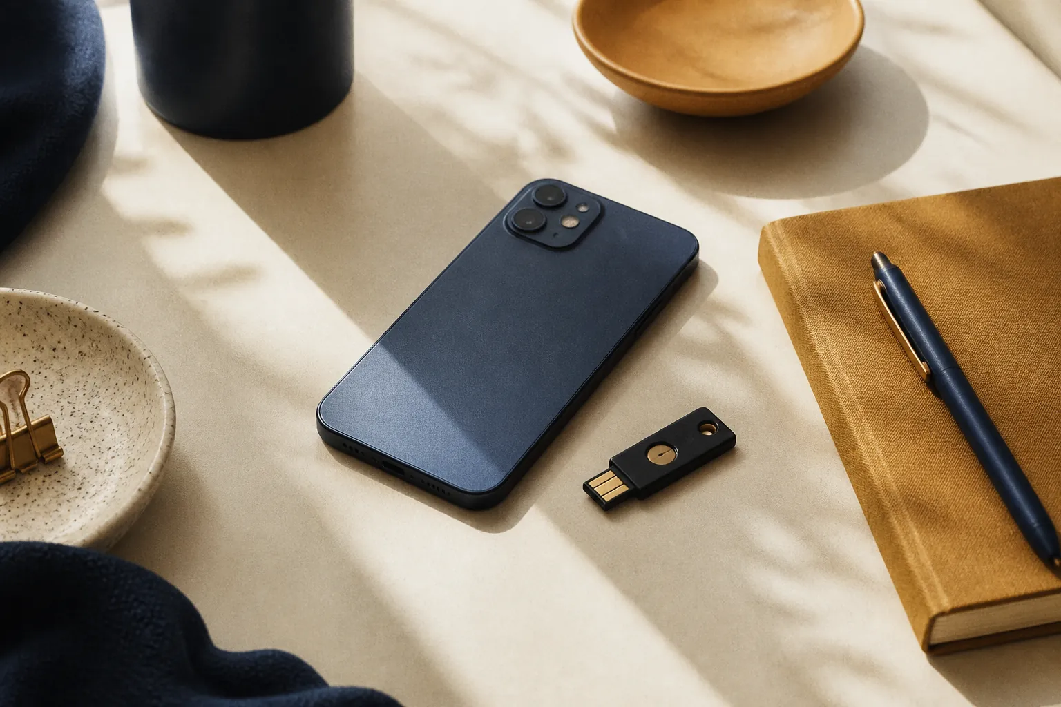 What is a passkey: unlabeled phone and a small security key on a desk