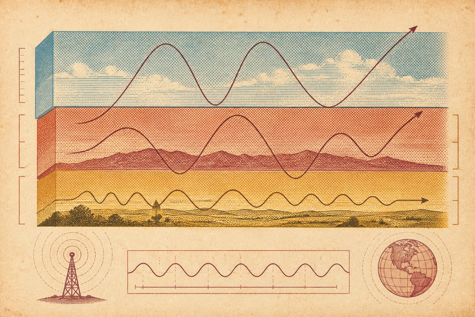Wi-Fi 7: vintage diagram of three stacked radio bands in ochre, rust, and ice blue
