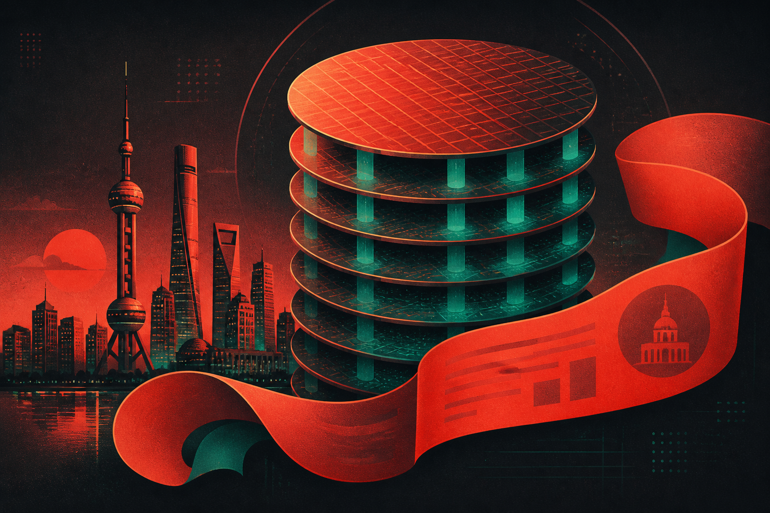 YMTC IPO Shanghai: 3D NAND wafer stack over stylized skyline silhouette with jade and vermillion accents
